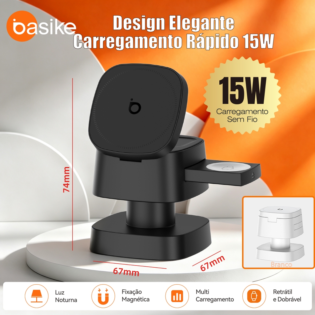 Basike 4 em 1 new carregador sem fio compatível com iPhones e celulares Android 15w Turbo Ultra Fast with light