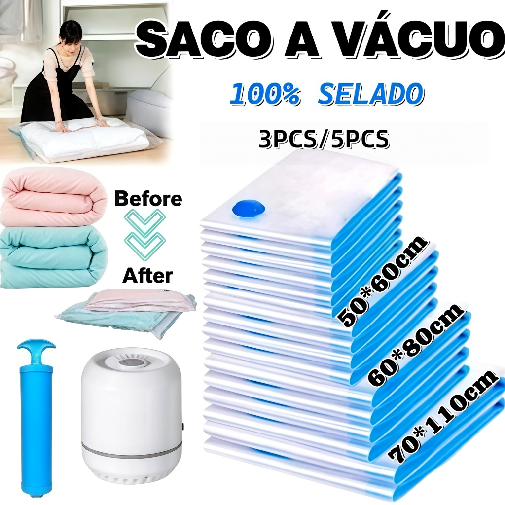 Saco a Vacuo COM ou SEM Bomba Organização de Roupas Mala Viagem Guarda Roupas Edredom Cobertor Vários Tamanhos