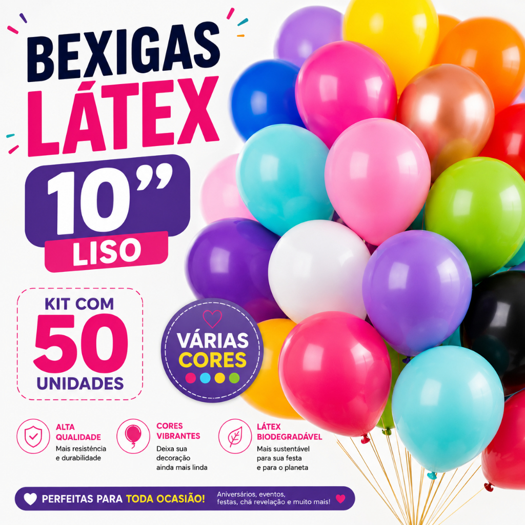 Balão Bexiga Látex Liso 10 Polegadas Kit 50 Unidades Bexigas para Festa Decoração Aniversário
