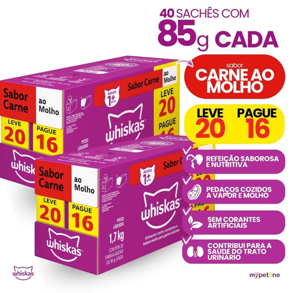Kit 2 Caixa Ração Úmida 85g Sachê Carne ao Molho para Gatos Adultos Whiskas - Pague 32 Leve 40