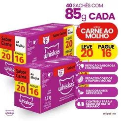 Kit 2 Caixa Ração Úmida 85g Sachê Carne ao Molho para Gatos Adultos Whiskas - Pague 32 Leve 40