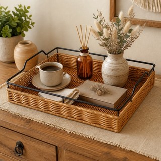 Bandeja Rattan Sintético Retangular 40x30cm Com Alça De Ferro Para Lavabo Aparador Organização
