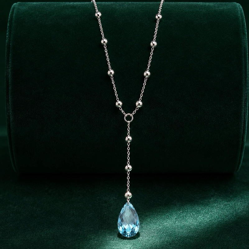 Colar Gravata Gota Azul com Bolinhas Prata 925 Feminino e Delicado