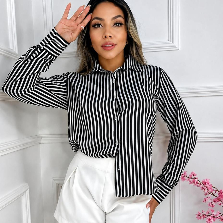Camisa Feminina Listrada Manga Longa Social Executiva Elegante Escritório Trabalho Moda Feminina