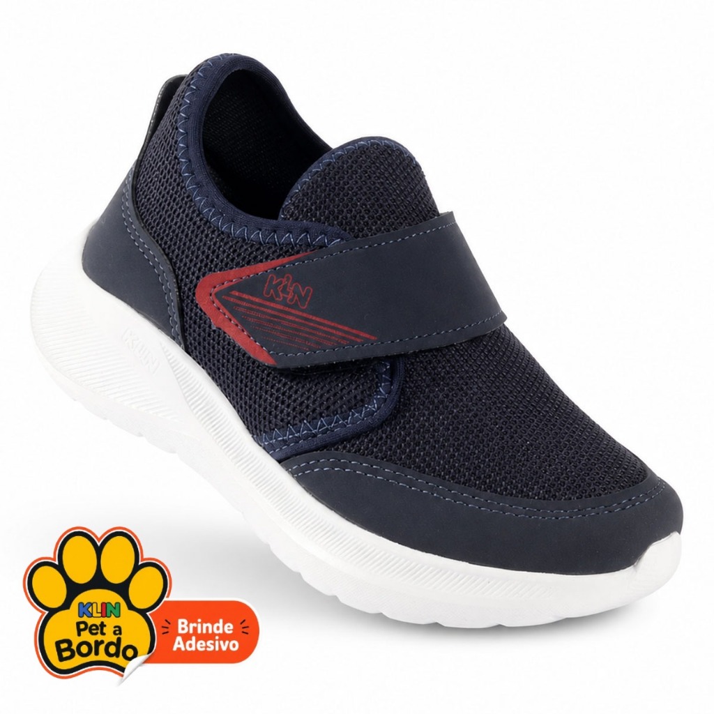 Tênis Infantil Masculino Klin Freedom Calce Fácil Slip On Com Velcro Azul Marinho com Vermelho