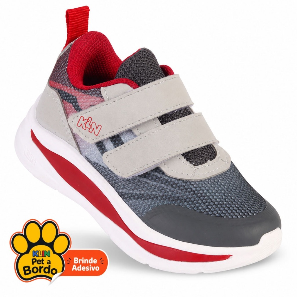 Tênis Infantil Menino Klin Flash Sport Leve Anatômico Calce Fácil Velcro Cinza e Vermelho