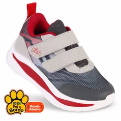Tênis Infantil Menino Klin Flash Sport Leve Anatômico Calce Fácil Velcro Cinza e Vermelho