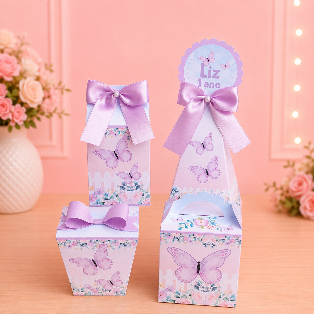Kit festa Jardim das Borboletas Lilás | Personalizados | Aniversário | Papelaria Personalizada | caixinha | Lembrancinha