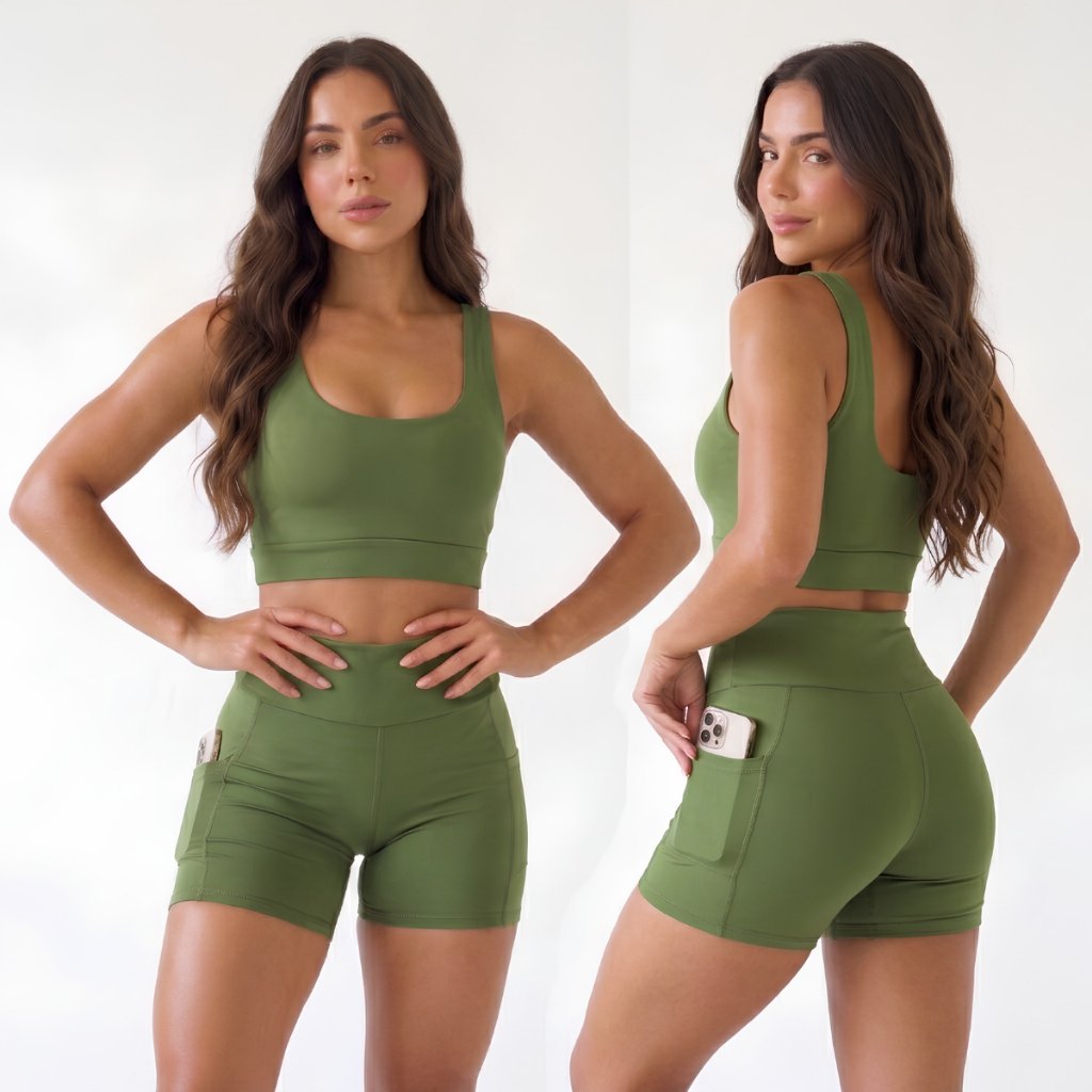 Conjunto Fitness Feminino Top e Short Com Bolso Zero Transparência Academia Treino Corrida Caminhada