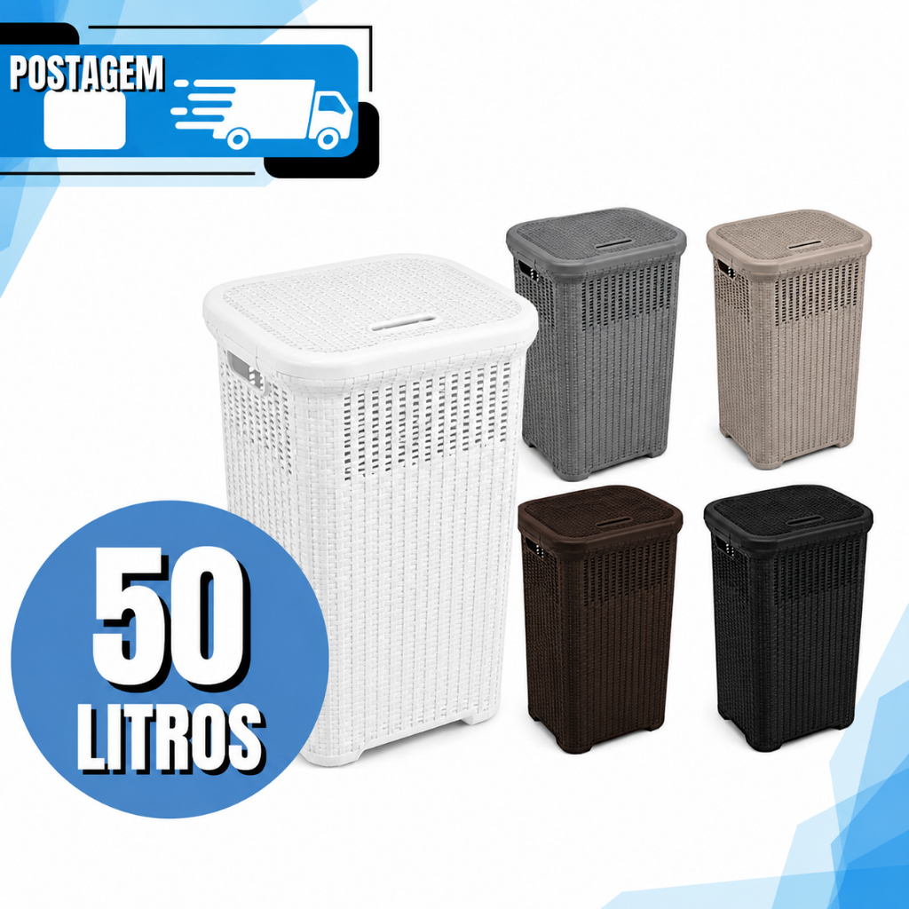 Cesto Para Roupas Rattan 50 Litros Tampa Basculante Todas Cores