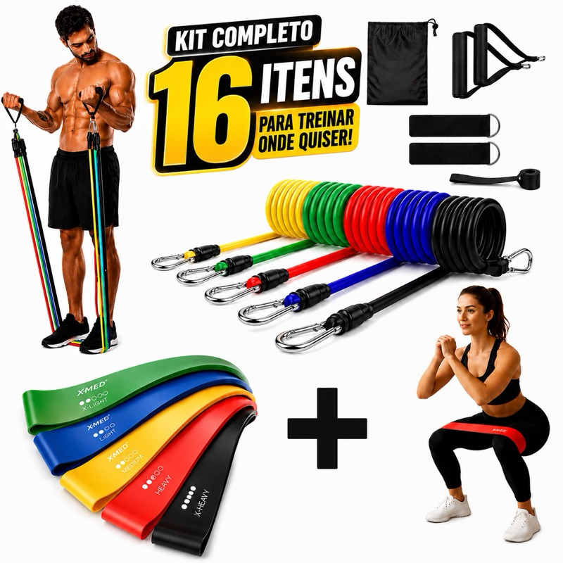 Kit 16 Itens Treino em Casa Completo Elásticos Extensores + 5 Mini Bands Fitness