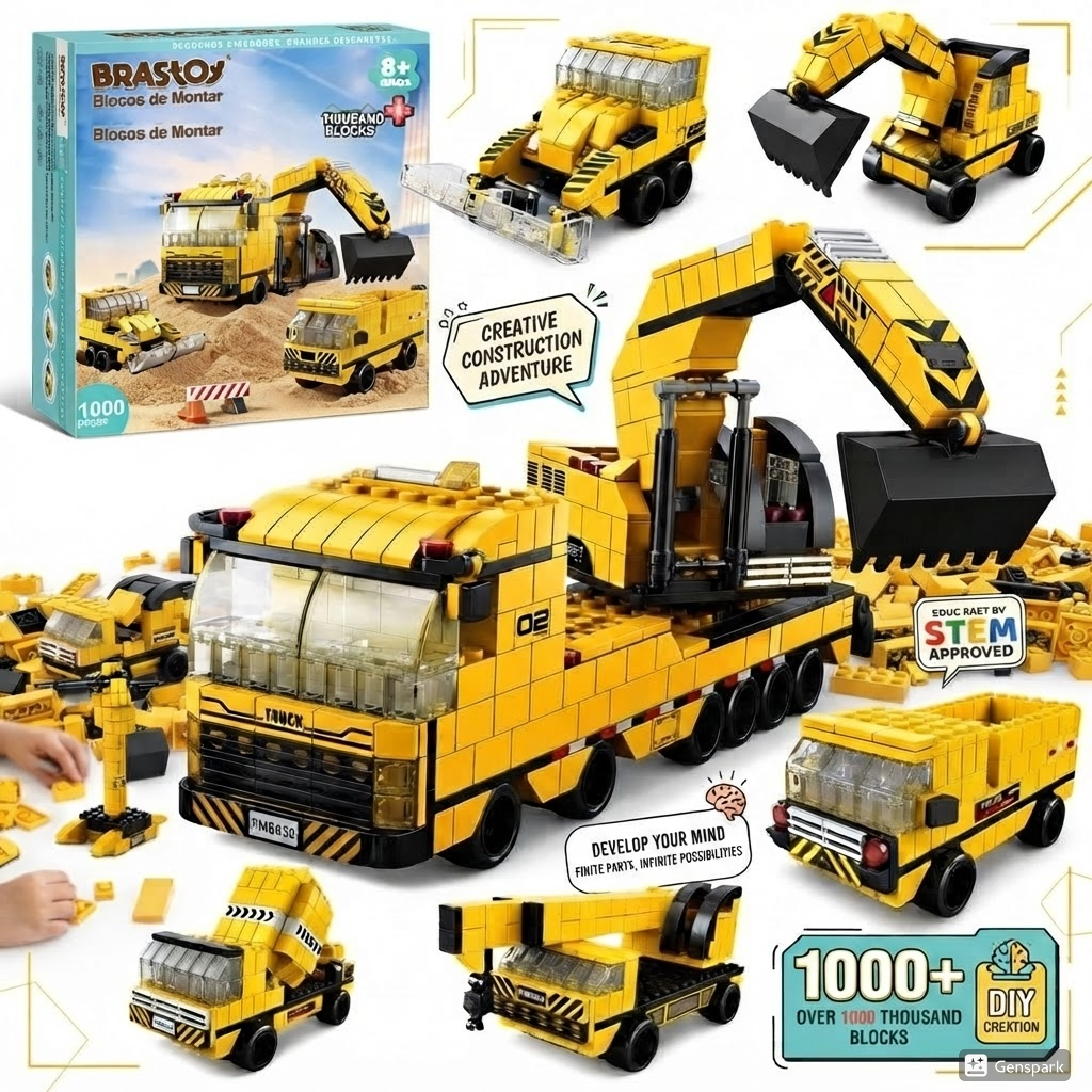 Blocos de Montar Caminhão 1000 Peças 6 em 1 Castela - Brinquedo Educativo e Decoração