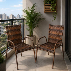 Kit 2 Cadeira Romana de Junco Sintético Proteção UV Jardim Varanda Em Fibra Resistente Cor Amendoa