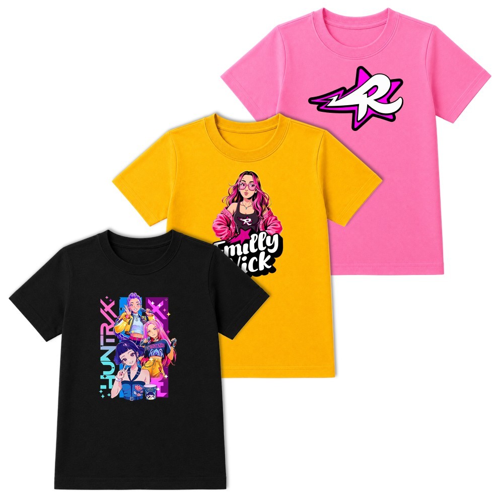 Kit com 3 Camisas Infantil Camisetas Infantil Feminina Menina T-shirts Sortidas Personagens Diversos Leve e Confortável