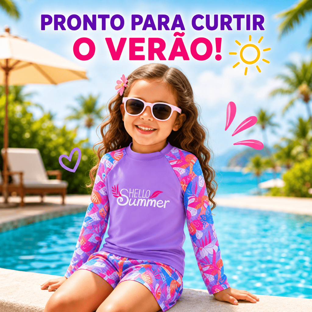 Conjunto Biquíni Infantil Roupa De Banho Feminino UV com Blusa E Short's Saia Estampada – Proteção UV Estilo Verão 2026