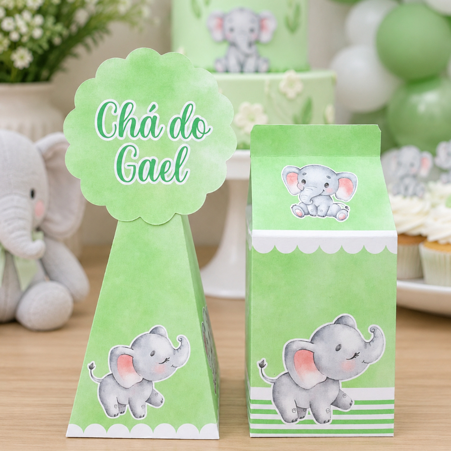Kit Personalizado Elefantinho Verde Chá de Bebê | Lembrancinhas Festa Infantil | Caixinhas | Aniversário