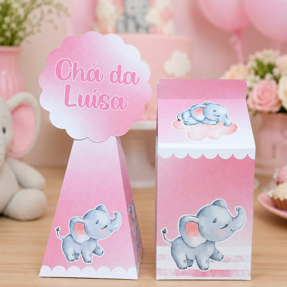 Kit Personalizado Elefantinho Rosa Chá de Bebê | Lembrancinhas Festa Infantil | Caixinhas | Aniversário
