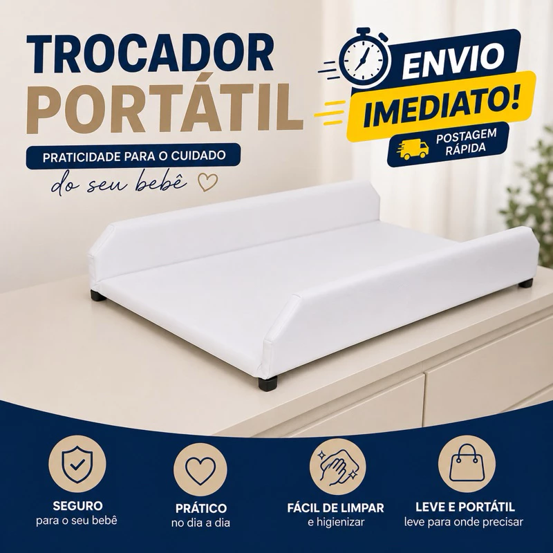 Trocador Portátil Almofadado MDF Courino Seguro Berço Americano Cômoda Suporte Banheira Fácil Limpeza Cores Variações