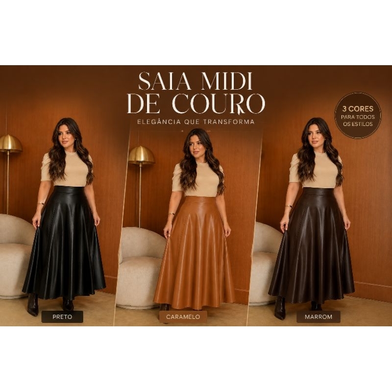 Saia de courino ,couro Godê Longa cintura alta elegante do PP ao g3 moda evangélica
