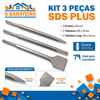 Kit SDS Plus 3 Peças Ponteira e Talhadeiras 20mm e 40mm para Martelete Concreto Alvenaria