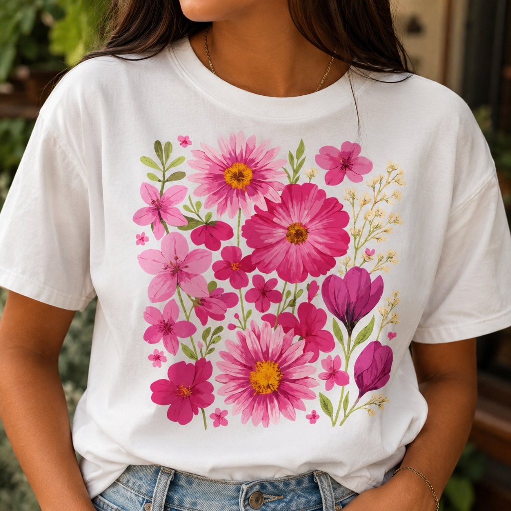 Camiseta Feminina Estampada Flores Pink Vintage Confortável Algodão Moda Atual