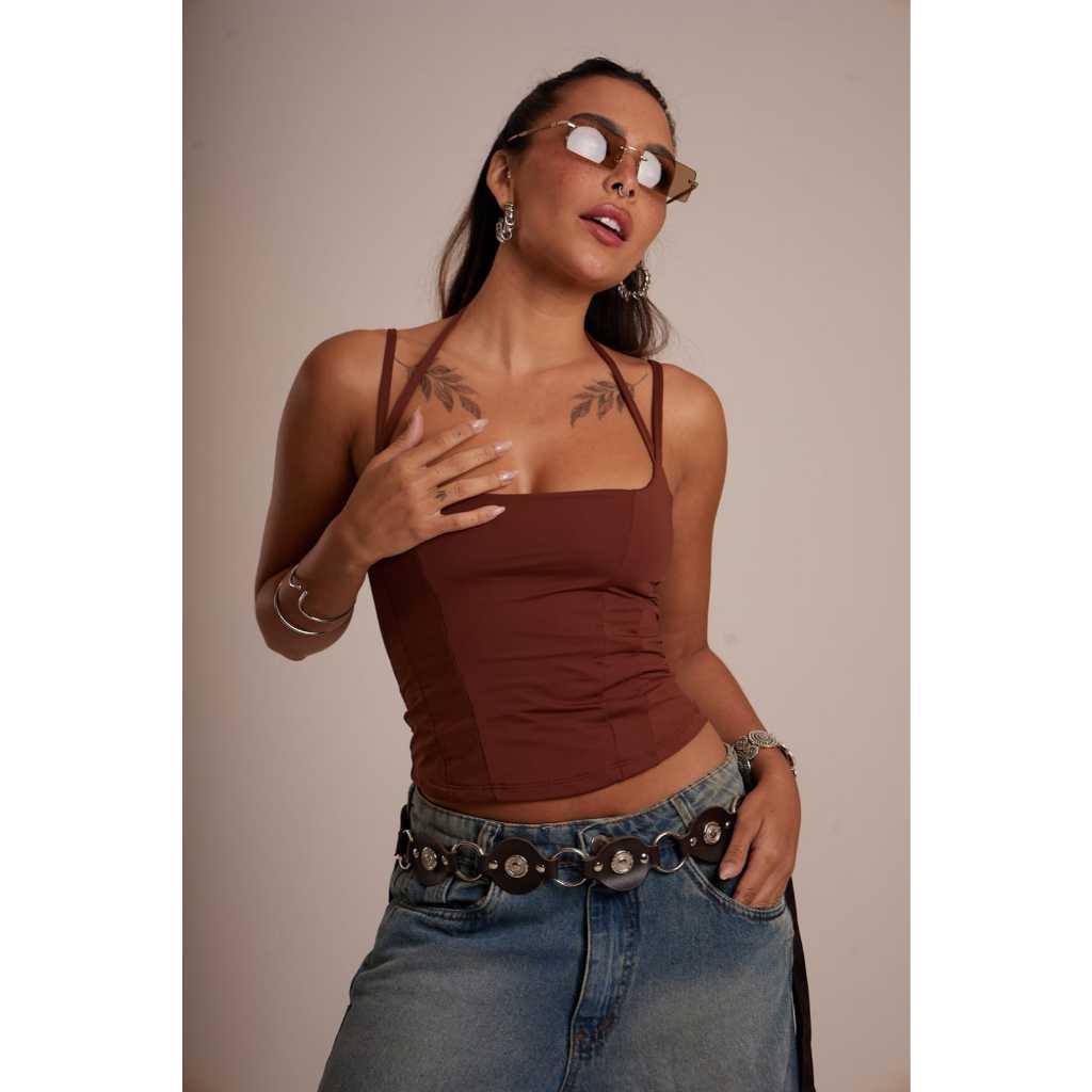 Corset Marrom Feminino Cropped Alça Dupla Poliamida Moda Gringa Justinha Regata