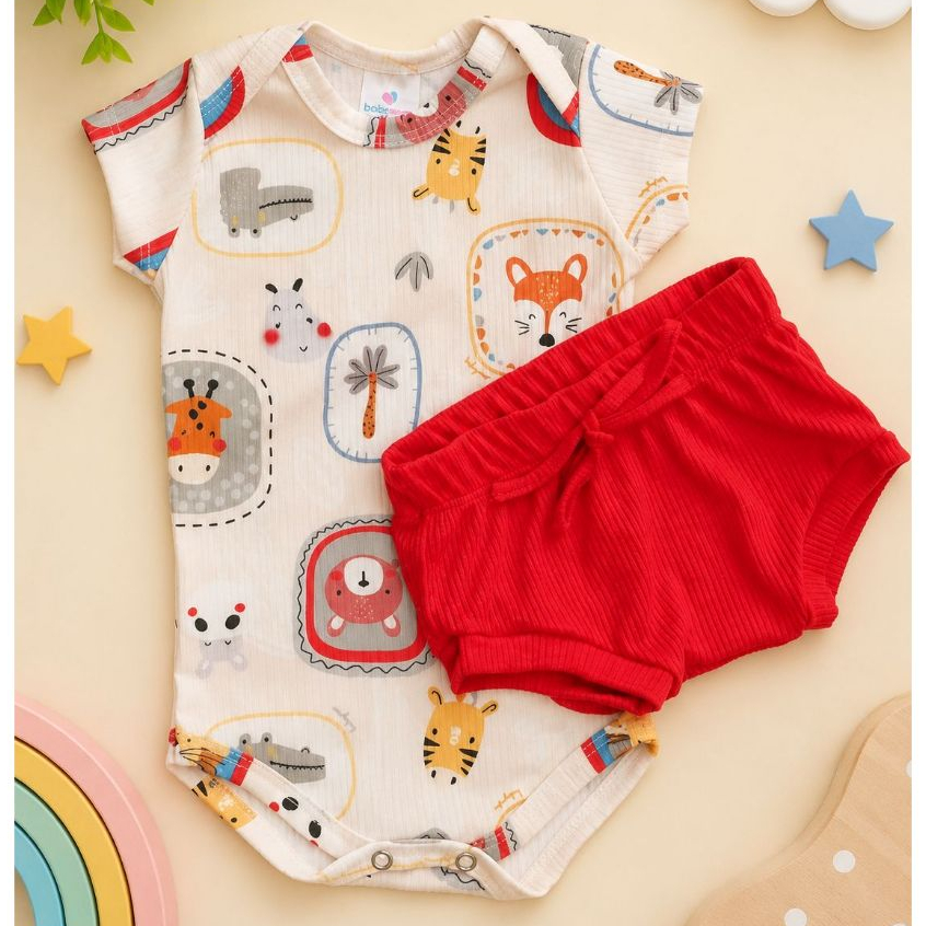 Conjunto Bebê Body + Tapa Fralda Canelado Estampado | Verão | P ao 2 Anos
