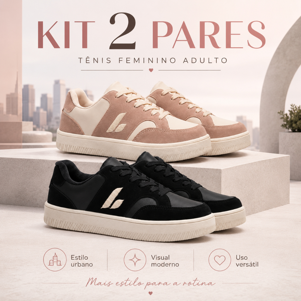 Kit 2 Pares Tênis Feminino Casual Sneaker Streetwear Cano Baixo Confortável Estiloso Versátil