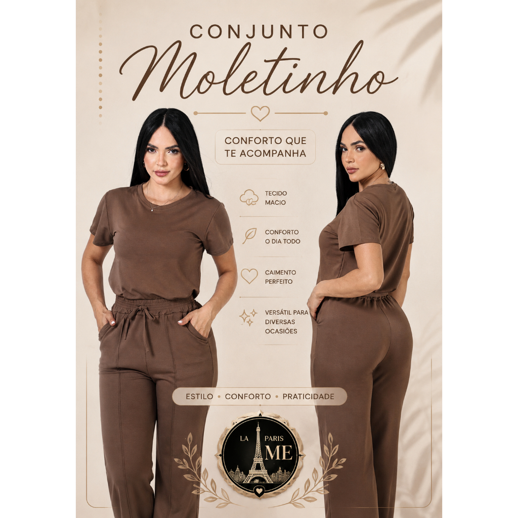 Conjunto em Tecido Moletinho Calça Pantalona com Bolso e Blusa Casual Confortável