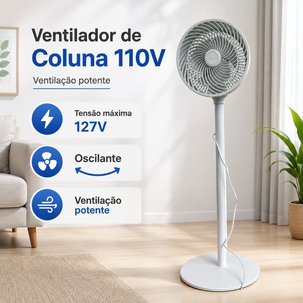 Ventilador de Coluna Oscilante 110V/127V com Ventilação Potente Ajustável para Quarto Sala e Escritório