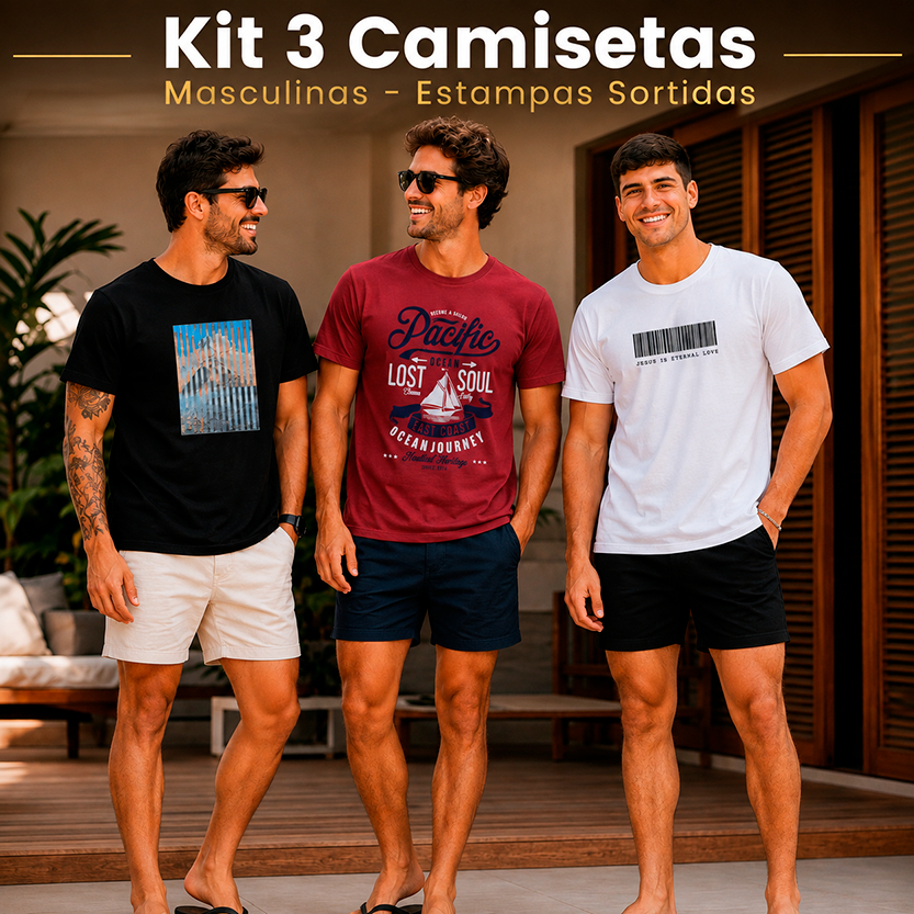 Kit 3 Camisetas Masculinas Estampadas Casual Verão Praia Sortidas Envio Rápido