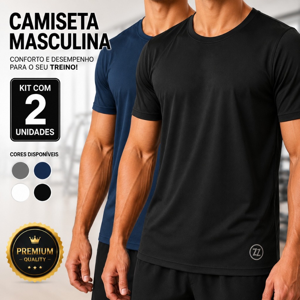 Kit 2 Camisetas Masculinas Dry Fit Esportivas Academia Treino Corrida Fitness Poliéster com Elastano