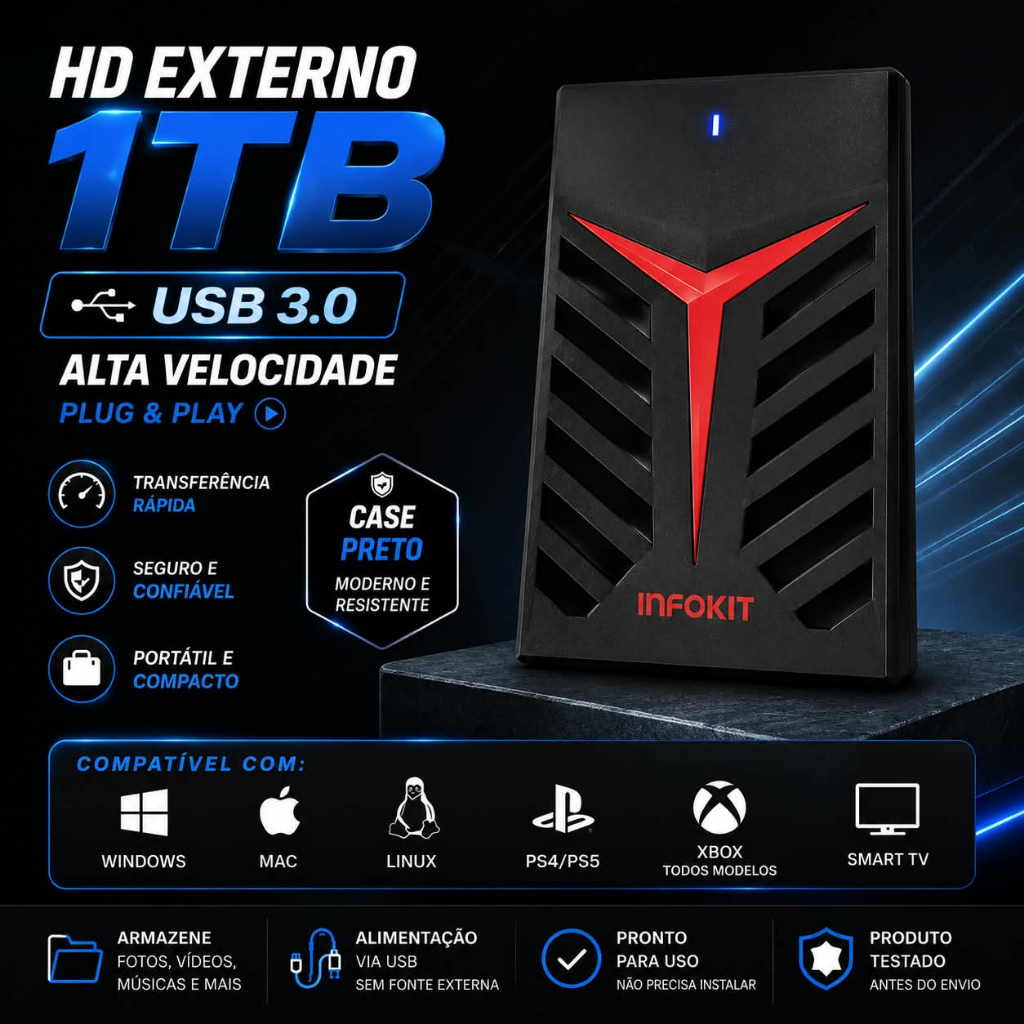 HD 1TB 2,5" + Case Externo USB 3.0 para Notebook, Vídeo Game e PC