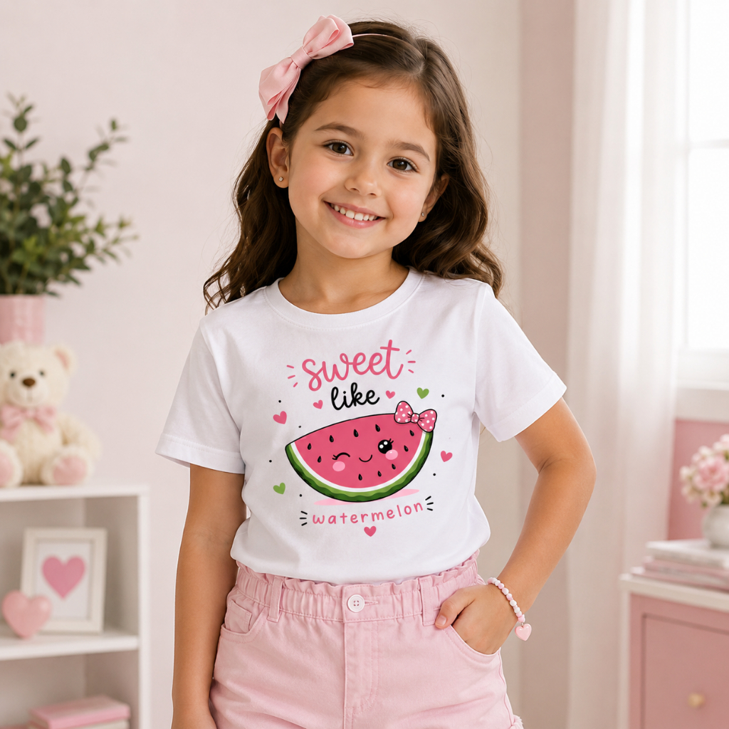 Camiseta Infantil Feminina 100% Algodão Menina Estampa Melancia Fofa Confortável Casual