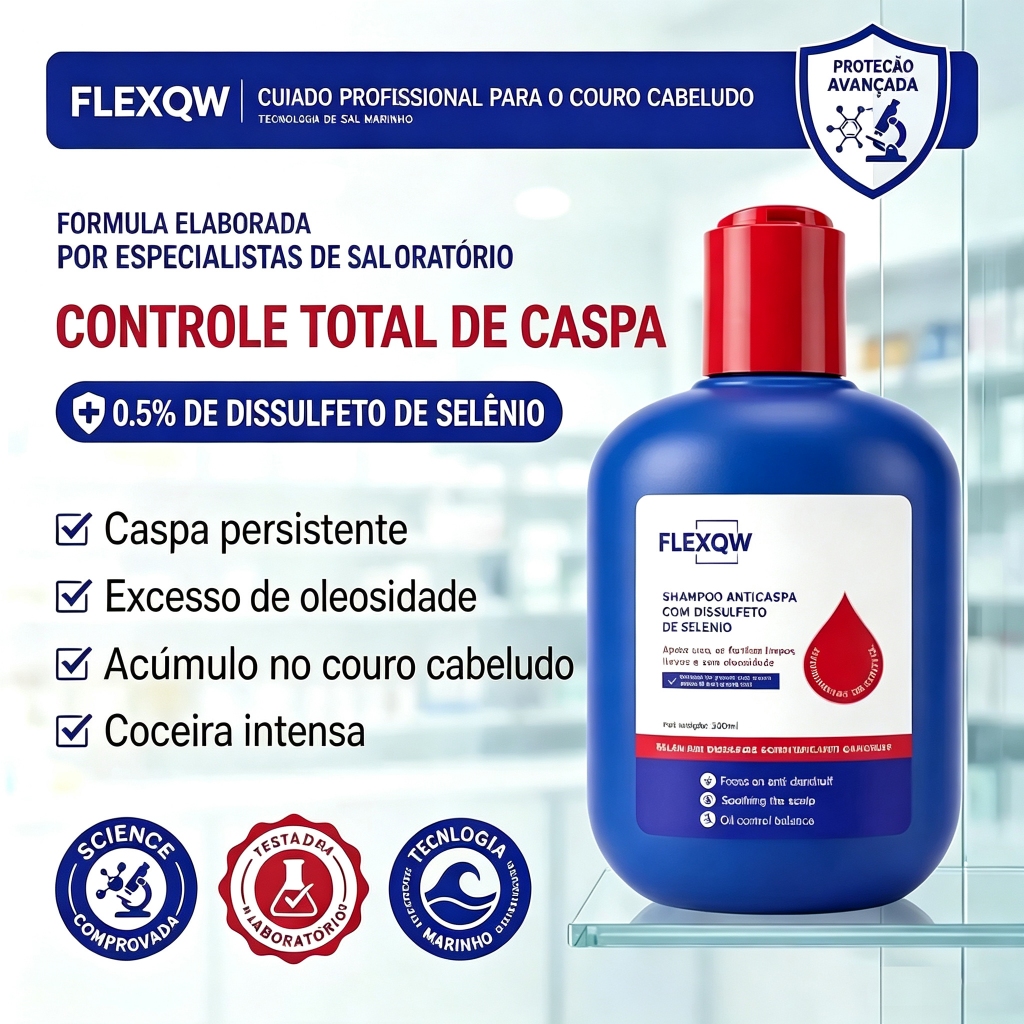 Shampoo Anticaspa 300ml c/ Dissulfeto de Selênio, Controle Oleosidade, Alívio Coceira, Limpeza Profunda p/ Couro Ca