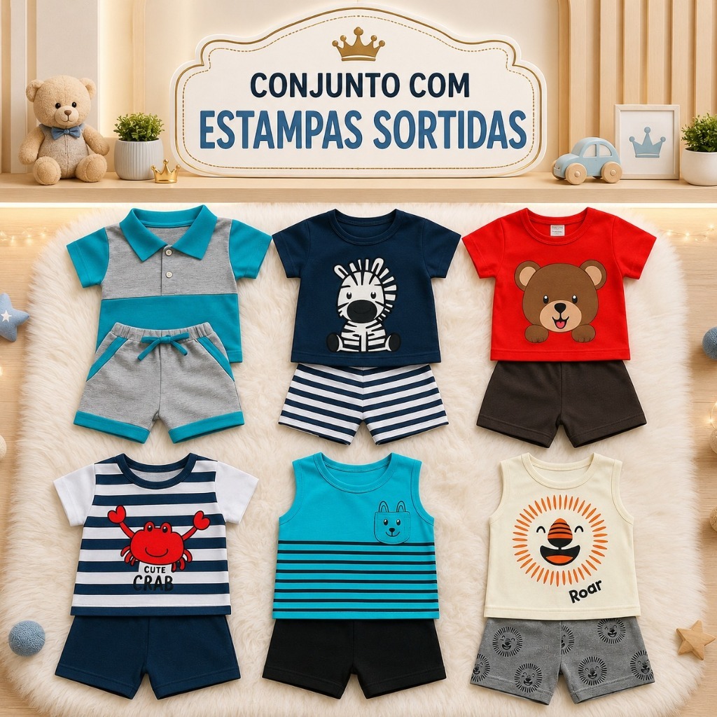 Kit 6 Peças Conjunto para Bebê menino estampado estilosos verão 3 Camisetas + 3 Bermudas