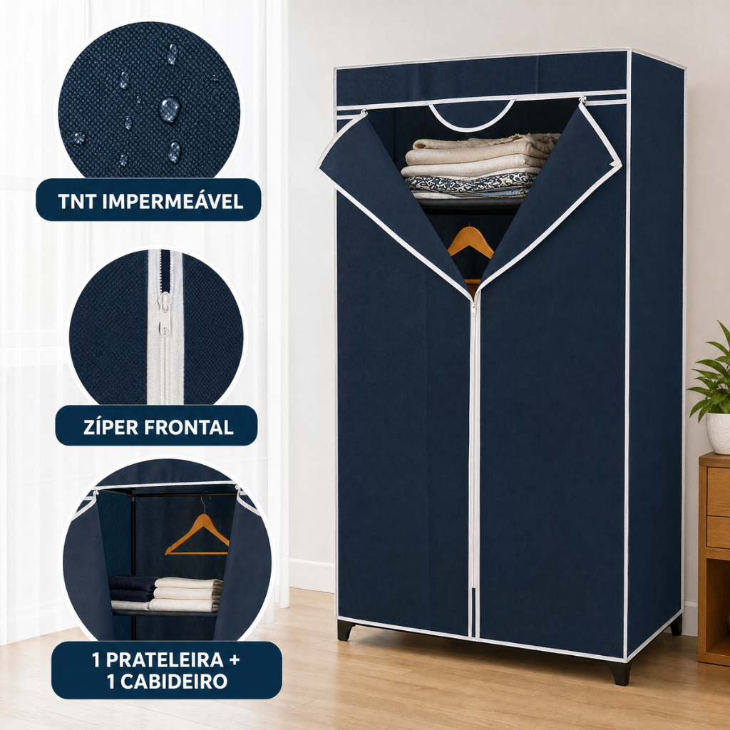 Guarda Roupa Dobravel Cabideiro Organizador Tecido Portatil Ziper