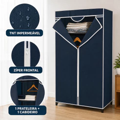 Guarda Roupa Portátil de Tecido Azul com Zíper Frontal Armário Closet Organizador Roupas Prateleira e Cabideiro