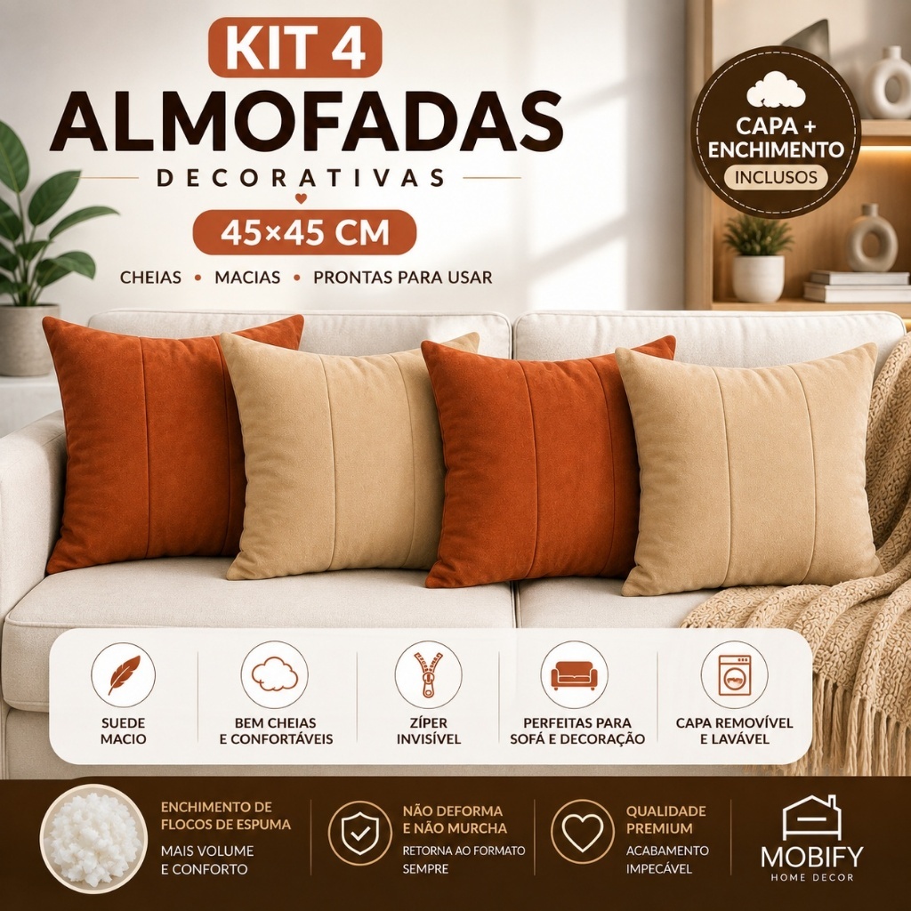 Kit 4 Almofadas Decorativas Cheias 45x45 Suede com Zíper Invisível para Sofá