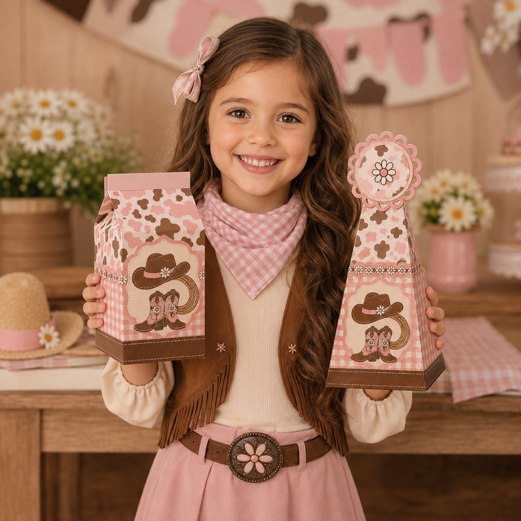 Kit Lembrancinhas Personalizadas Caixa Milk e Pirâmide Boiadeirinha Festa Infantil Papel Fotográfico Glossy 180g