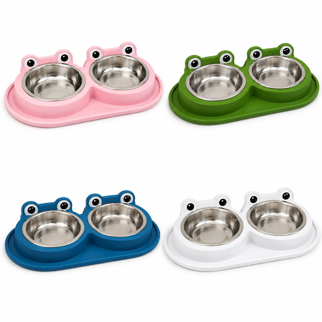 Comedouro e Bebedouro Duplo para Cachorro e Gato Formiga Tigela Inox Removível 300ml Pote Ração Sapinho Frog