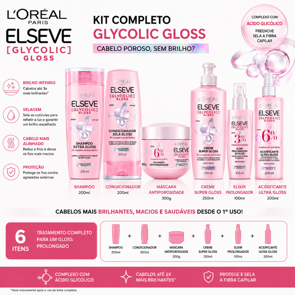 Kit Elseve Glycolic Gloss L’Oréal Paris Completo 6 Itens Brilho Espelhado e Maciez para Cabelos