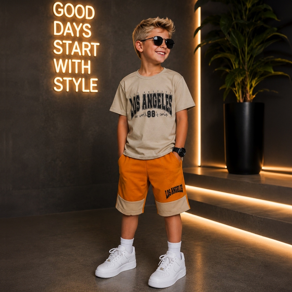 Conjunto Infantil Menino Estiloso Verão Lançamento Juvenil Camisa e Bermuda Veste Do 2 ao 12 anos