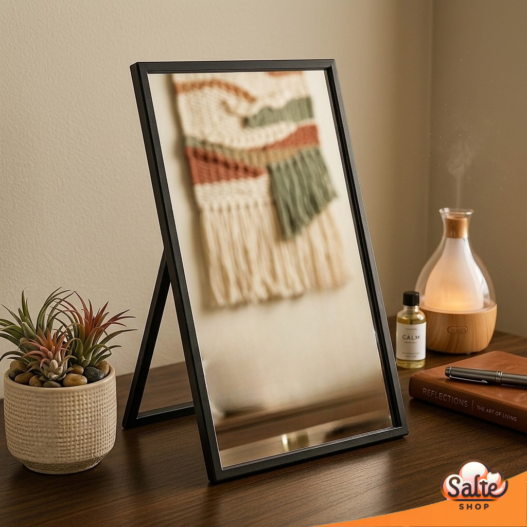 Espelho De Vidro Grande Retangular Com Moldura Para Mesa E Com Alça Para Parede 25x18CM Elegante