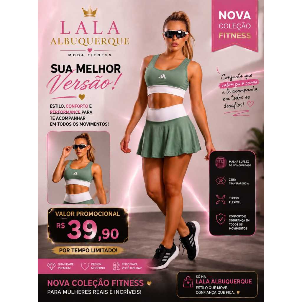 Conjunto Fitness Feminino Saia Shorts + Top Suplex Alta Compressão Academia Treino Moda Fitness