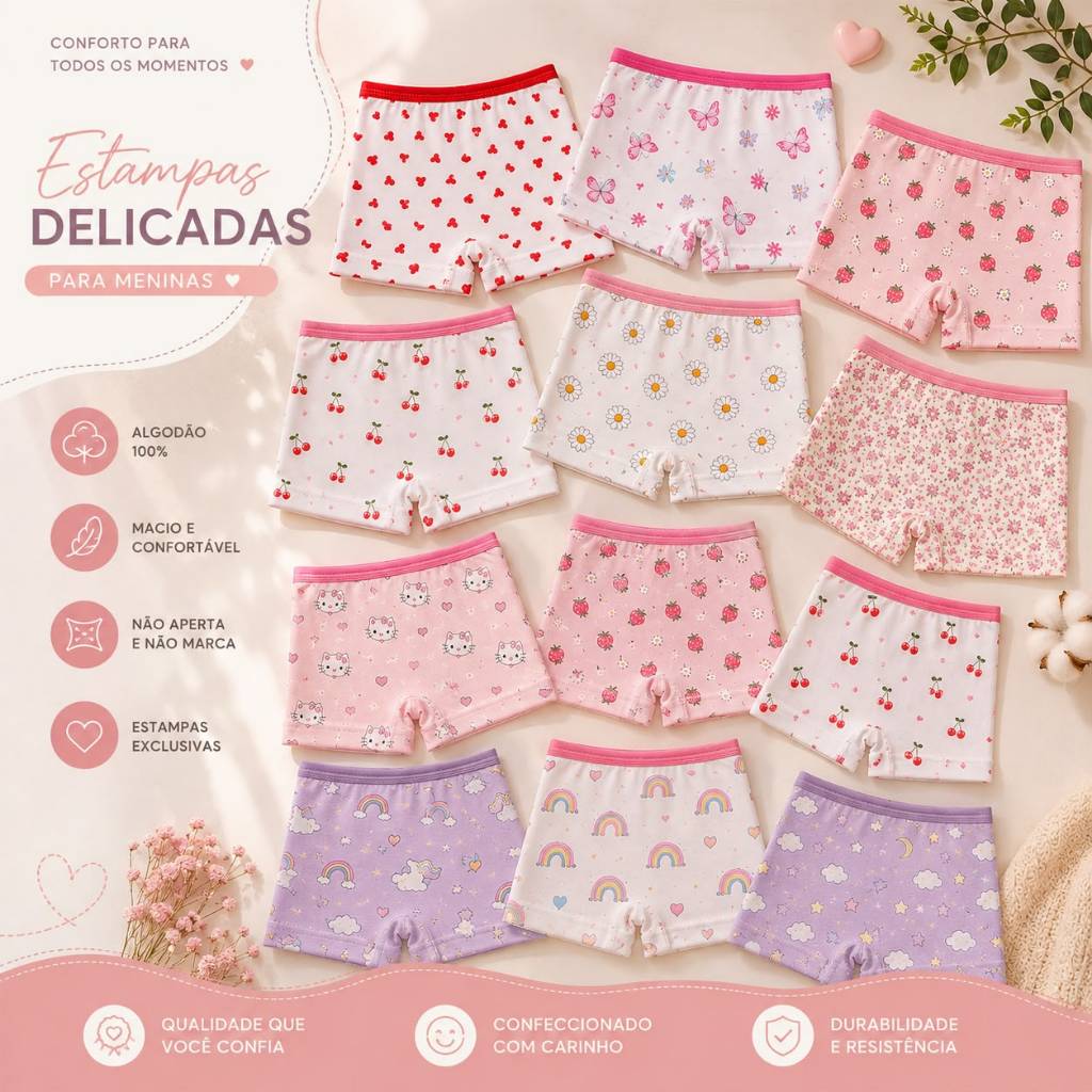 Kit até 10 Calcinhas Boxer Infantil Menina Microfibra Feminina Conforto Premium 2 a 10 Anos