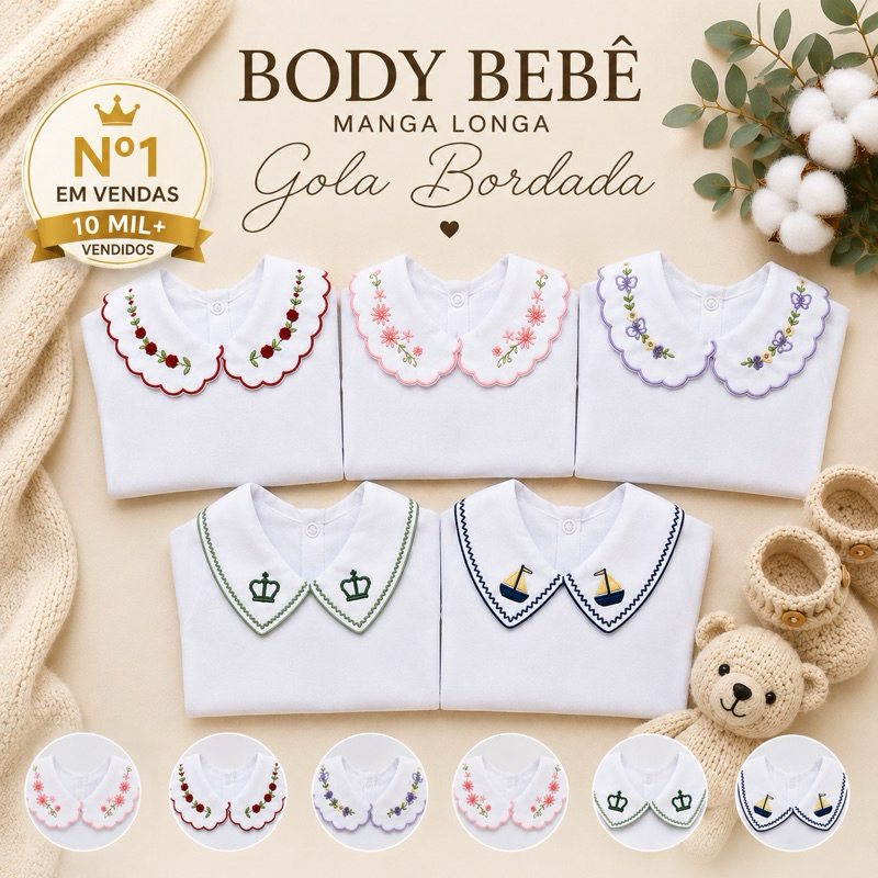 Body Bebê Manga Longa com Gola Bordada Luxo – RN ao P, Sofisticado e Elegante
