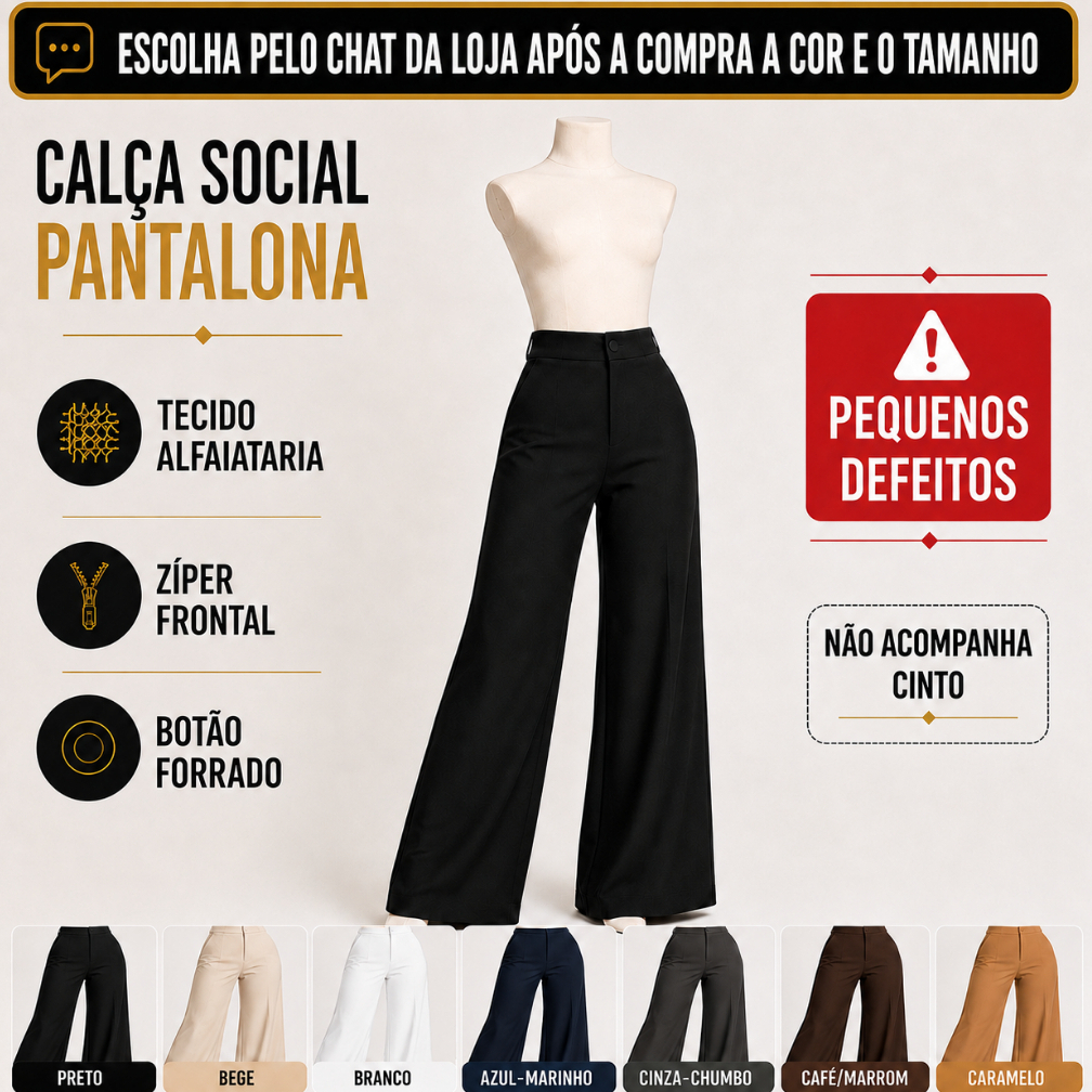 Calça P/D pantalona sofisticada, com zíper frontal e botão forrado. Possui pequenos defeitos. Não acompanha cinto.