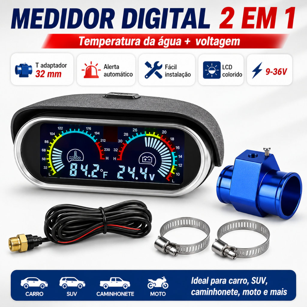 Medidor Digital 2 em 1 Temperatura Água e Voltagem 9-36V, Tela LCD com Alarme, Adaptador 26/32/38mm p/ Carro SUV Moto