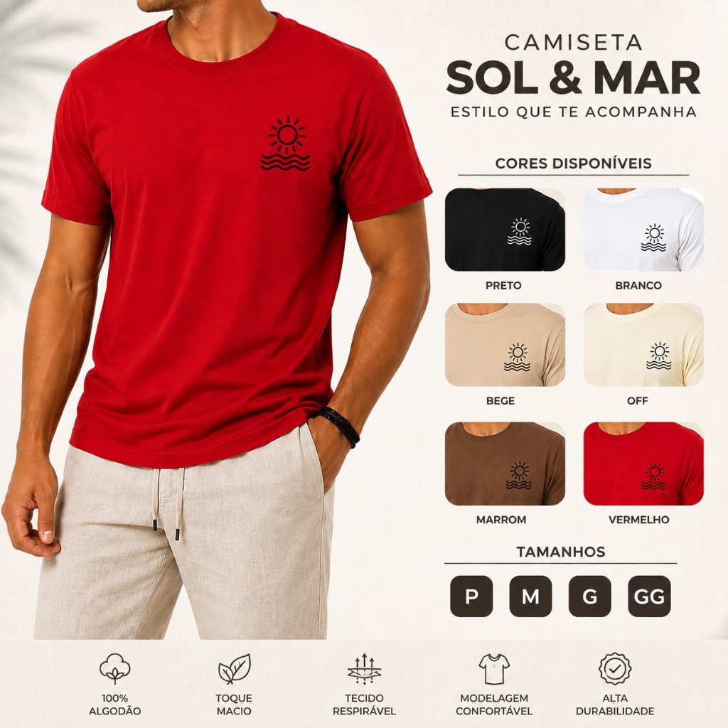 Camiseta Masculina Sol e Mar Camisa Estampada Masculina Algodão Manga Curta Básica Casual Praia Verão Confortável Modern